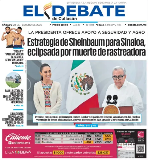 Portada de El Debate de Culiacan del sábado, 28 de febrero de 2026