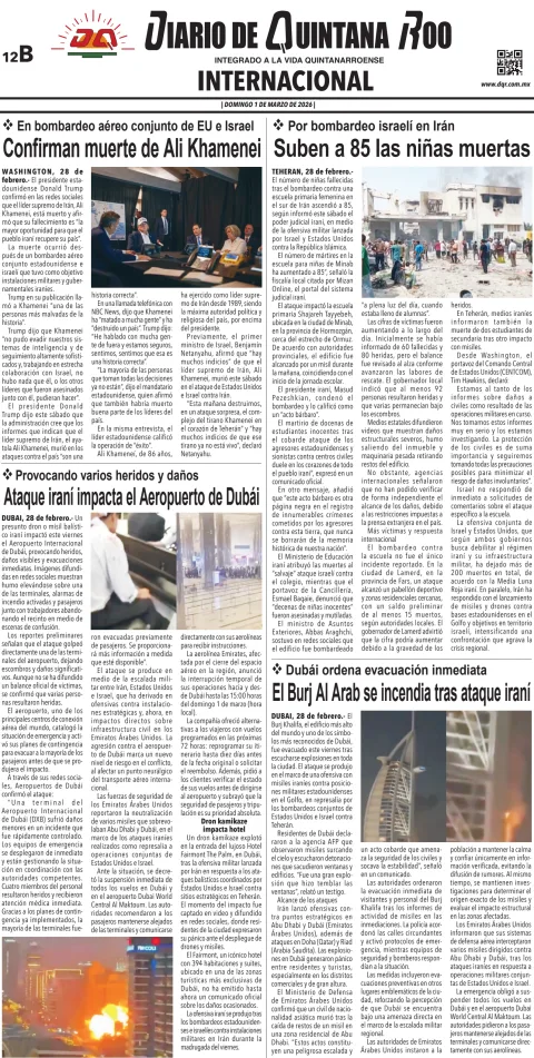 Portada de Diario de Quintana Roo (contra Portada) del domingo, 1 de marzo de 2026