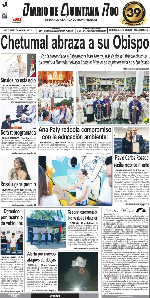Portada de Diario de Quintana Roo (portada) del domingo, 1 de marzo de 2026