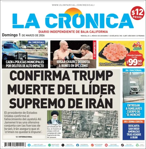 Portada de La Cronica del domingo, 1 de marzo de 2026
