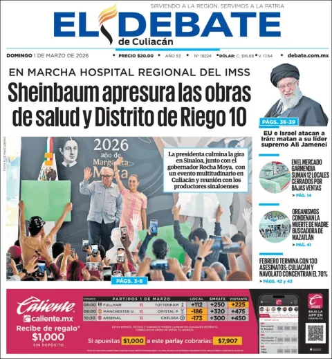 Portada de El Debate de Culiacan del domingo, 1 de marzo de 2026