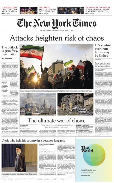 Portada de The New York Times (international) del lunes, 2 de marzo de 2026