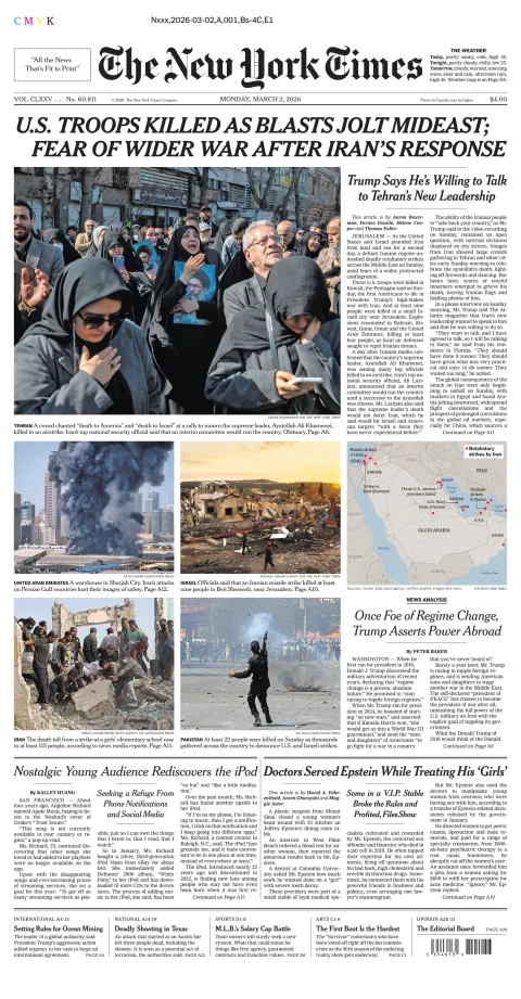 Portada de The New York Times (new York) del lunes, 2 de marzo de 2026