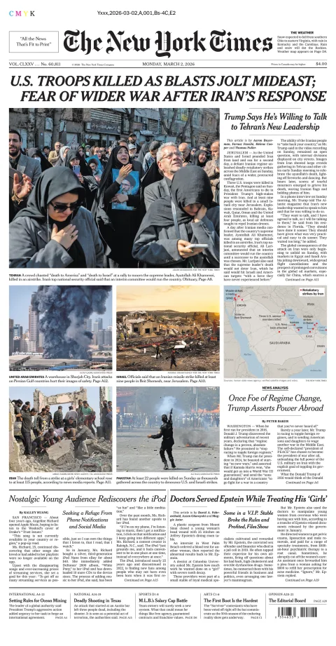 Portada de The New York Times (national) del lunes, 2 de marzo de 2026