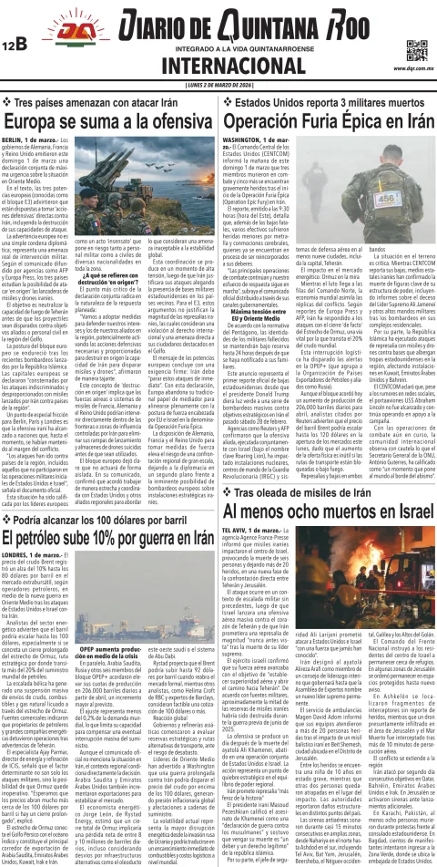 Portada de Diario de Quintana Roo (contra Portada) del lunes, 2 de marzo de 2026