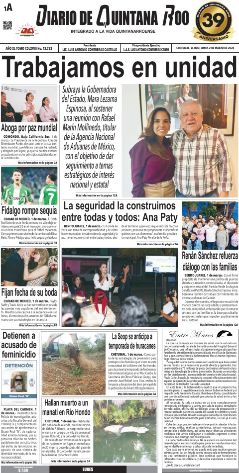 Portada de Diario de Quintana Roo (portada) del lunes, 2 de marzo de 2026