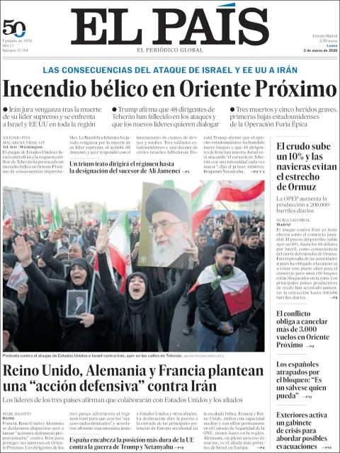 Portada de El Pais del lunes, 2 de marzo de 2026