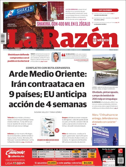 Portada de La Razon del lunes, 2 de marzo de 2026