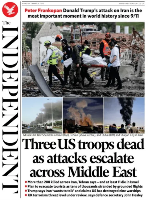 Portada de The Independent del lunes, 2 de marzo de 2026