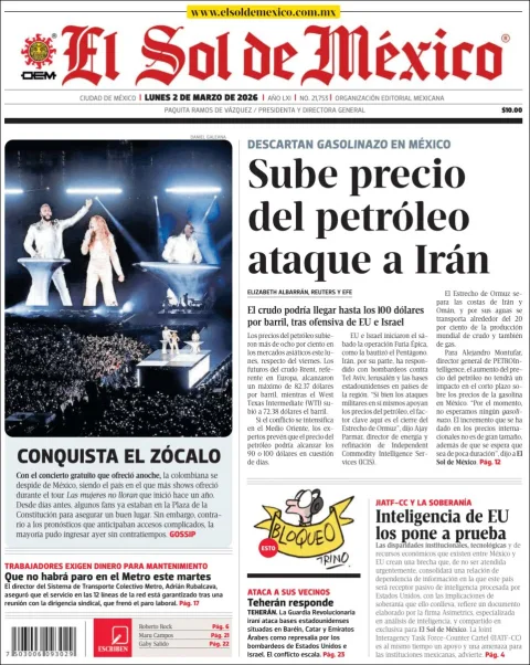 Portada de El Sol de Mexico del lunes, 2 de marzo de 2026