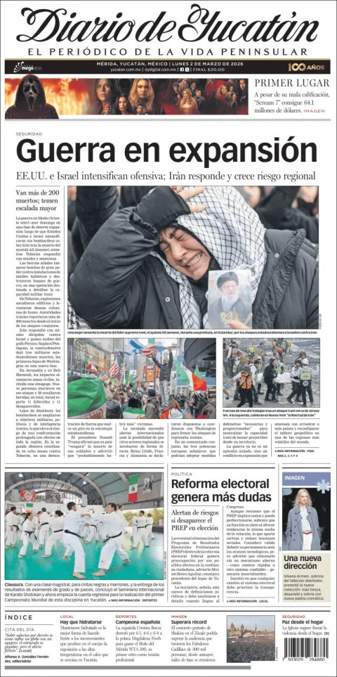 Portada de Diario de Yucatán del lunes, 2 de marzo de 2026