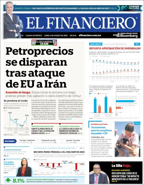 Portada de El Financiero del lunes, 2 de marzo de 2026