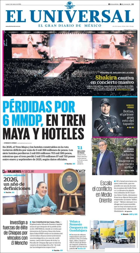 Portada de El Universal del lunes, 2 de marzo de 2026