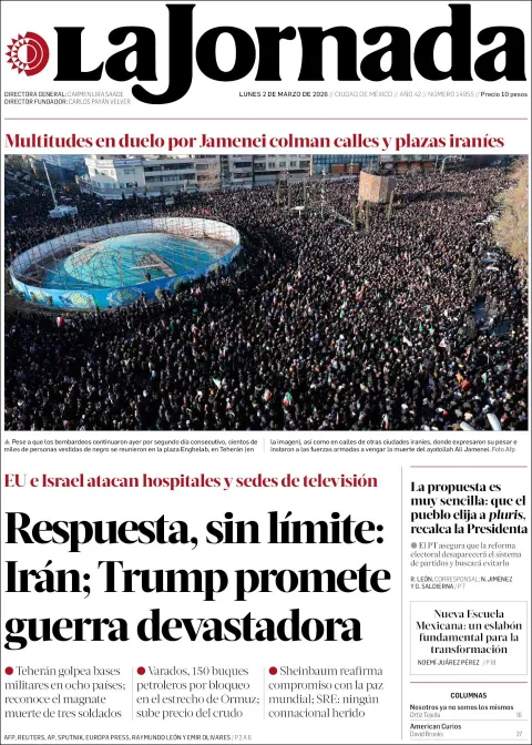 Portada de La Jornada del lunes, 2 de marzo de 2026
