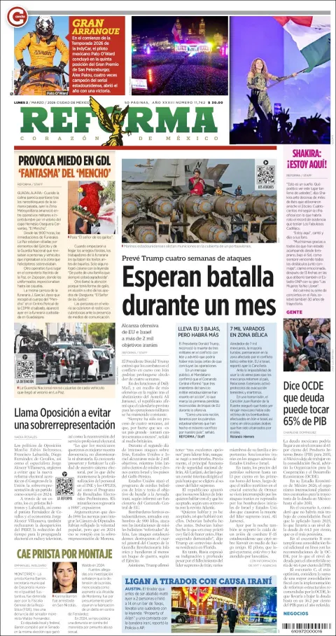 Portada de Reforma del lunes, 2 de marzo de 2026