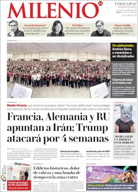 Portada de Milenio Tamaulipas del lunes, 2 de marzo de 2026
