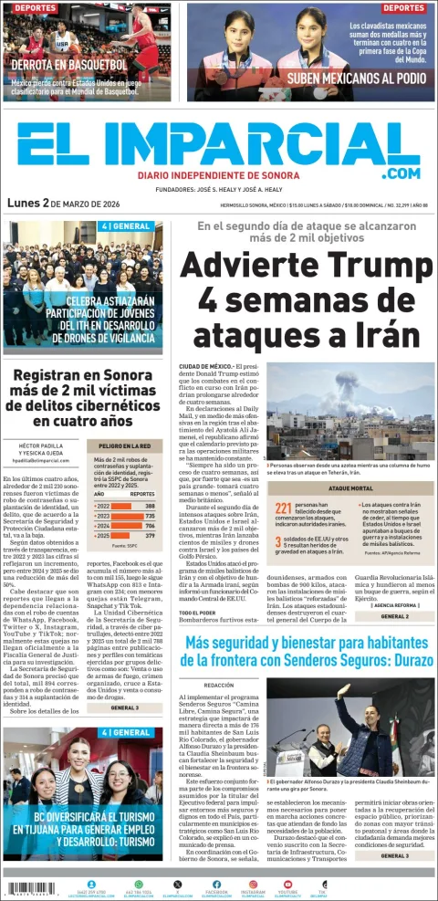 Portada de El Imparcial del lunes, 2 de marzo de 2026