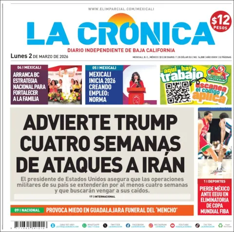 Portada de La Cronica del lunes, 2 de marzo de 2026