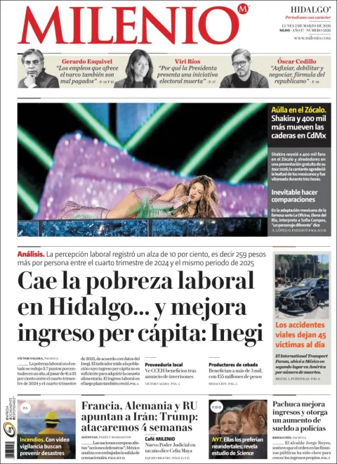 Portada de Milenio Hidalgo del lunes, 2 de marzo de 2026