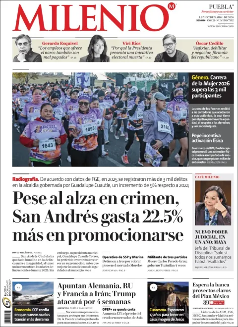Portada de Milenio Puebla del lunes, 2 de marzo de 2026