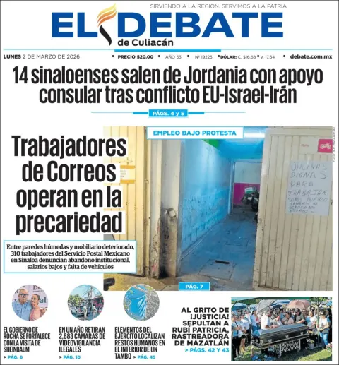Portada de El Debate de Culiacan del lunes, 2 de marzo de 2026