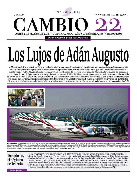 Portada de Diario Cambio 22 (portada) del lunes, 2 de marzo de 2026