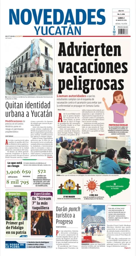 Portada de Novedades Yucatan del lunes, 2 de marzo de 2026