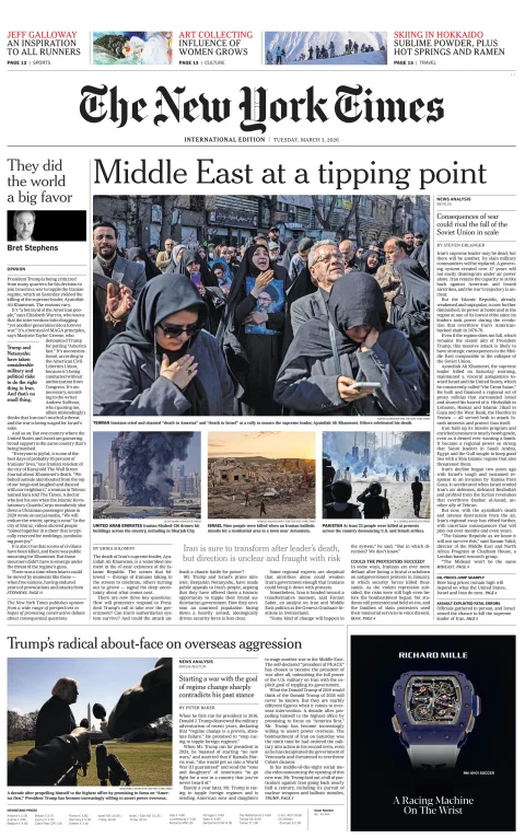 Portada de The New York Times (international) del martes, 3 de marzo de 2026