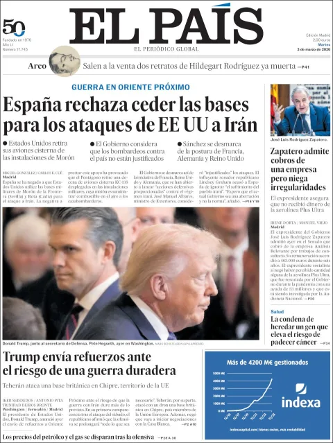 Portada de El Pais del martes, 3 de marzo de 2026