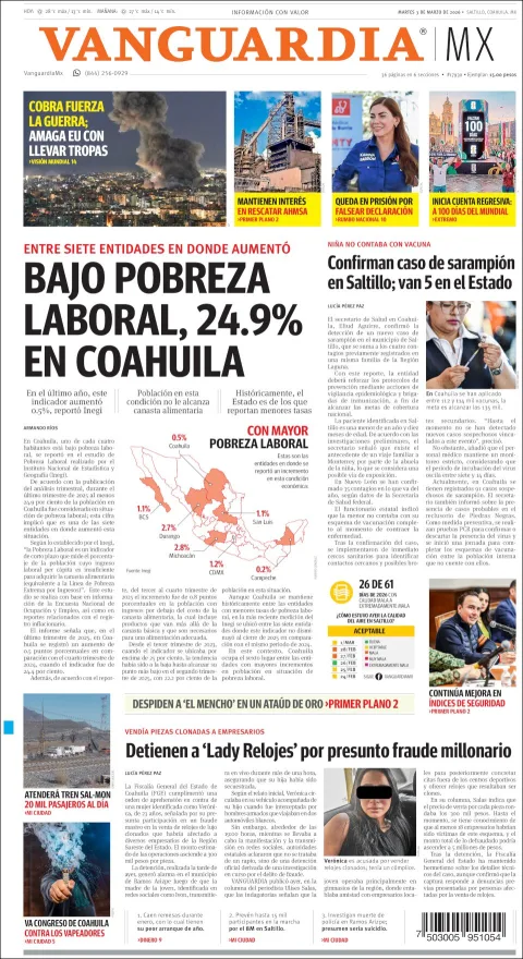 Portada de Vanguardia del martes, 3 de marzo de 2026