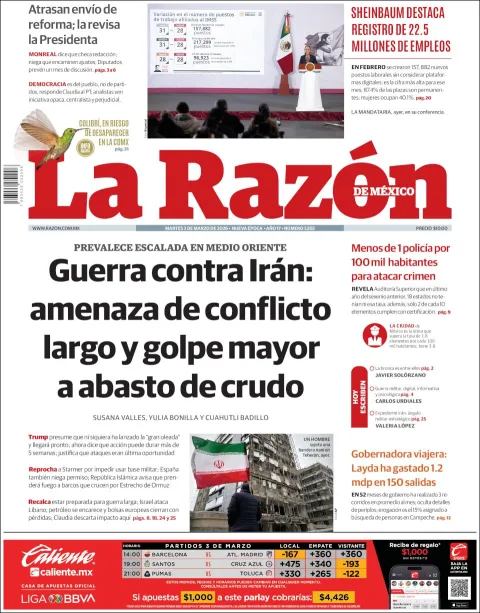 Portada de La Razon del martes, 3 de marzo de 2026