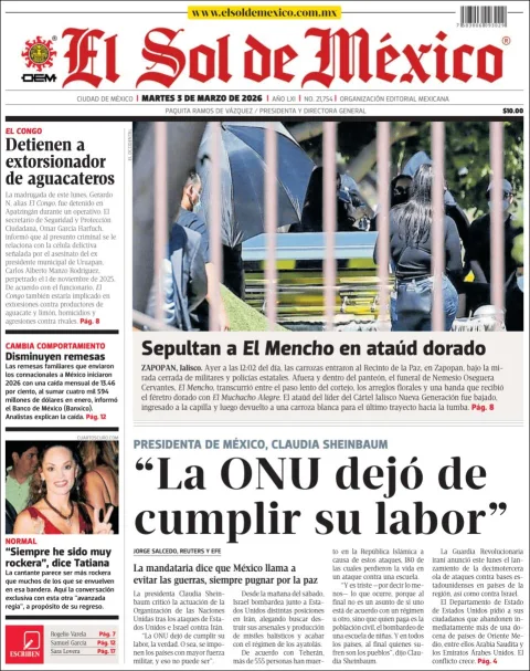 Portada de El Sol de Mexico del martes, 3 de marzo de 2026