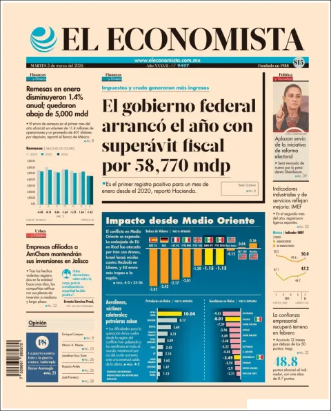 Portada de El Economista del martes, 3 de marzo de 2026