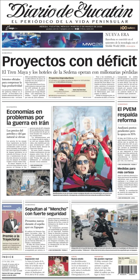Portada de Diario de Yucatán del martes, 3 de marzo de 2026