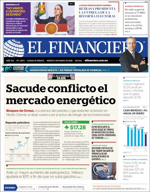 Portada de El Financiero del martes, 3 de marzo de 2026