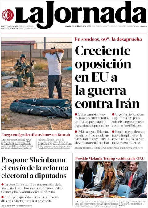 Portada de La Jornada del martes, 3 de marzo de 2026