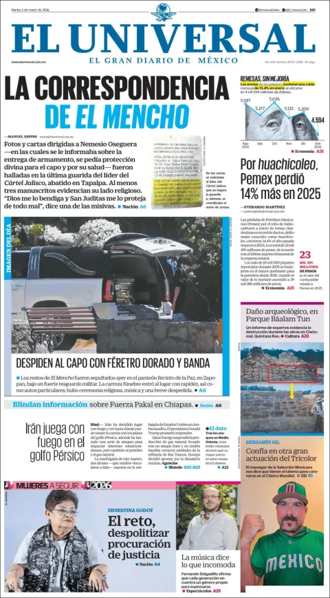 Portada de El Universal del martes, 3 de marzo de 2026