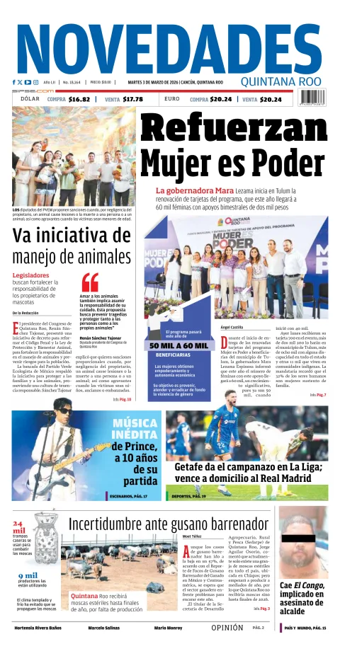 Portada de Novedades Quintana Roo del martes, 3 de marzo de 2026