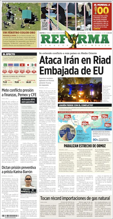 Portada de Reforma del martes, 3 de marzo de 2026