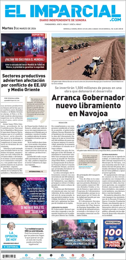 Portada de El Imparcial del martes, 3 de marzo de 2026