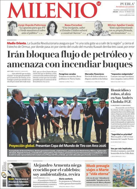 Portada de Milenio Puebla del martes, 3 de marzo de 2026