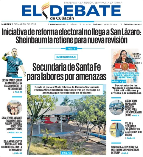 Portada de El Debate de Culiacan del martes, 3 de marzo de 2026