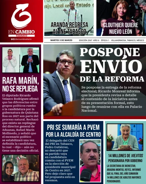 Portada de En Cambio - Tabasco (contraportada) del martes, 3 de marzo de 2026