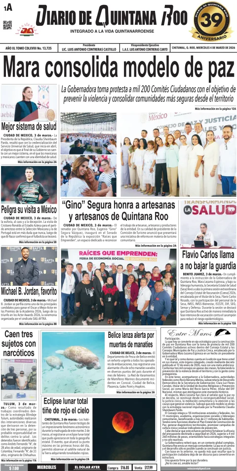 Portada de Diario de Quintana Roo (portada) del miércoles, 4 de marzo de 2026
