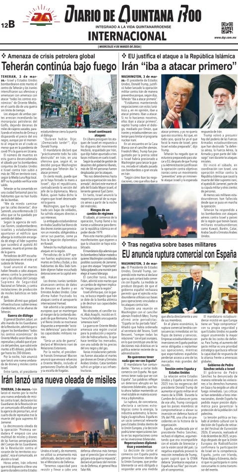 Portada de Diario de Quintana Roo (contra Portada) del miércoles, 4 de marzo de 2026