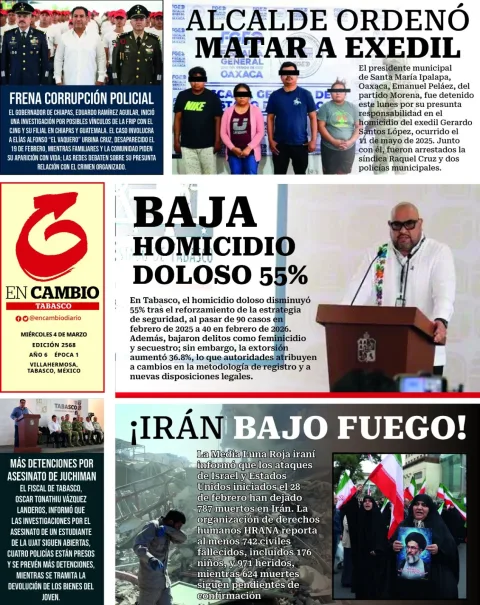 Portada de En Cambio - Tabasco (portada) del miércoles, 4 de marzo de 2026