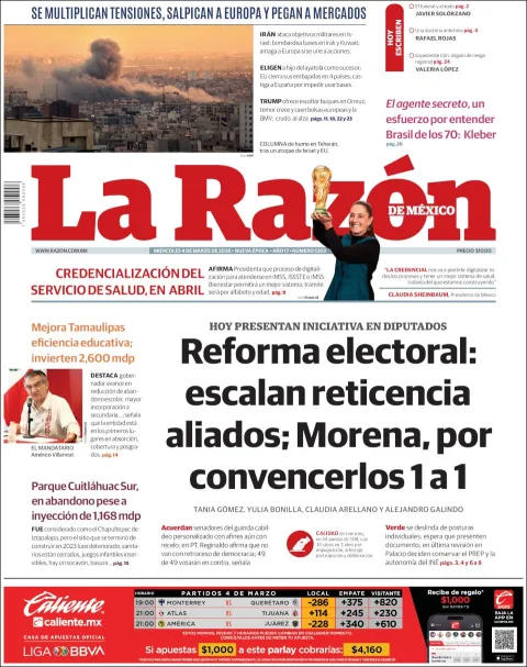 Portada de La Razon del miércoles, 4 de marzo de 2026