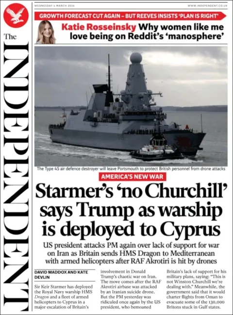Portada de The Independent del miércoles, 4 de marzo de 2026