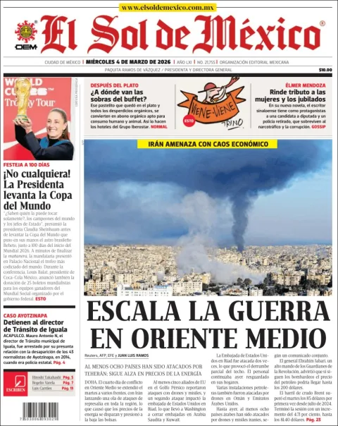 Portada de El Sol de Mexico del miércoles, 4 de marzo de 2026