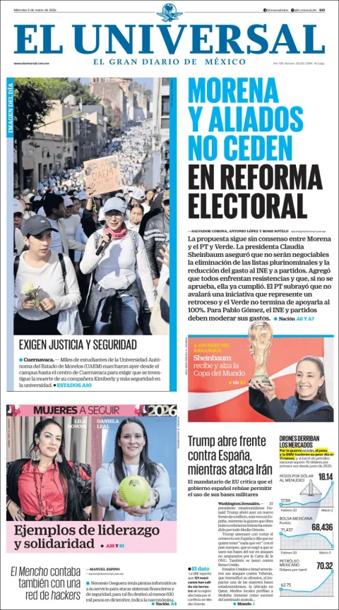 Portada de El Universal del miércoles, 4 de marzo de 2026